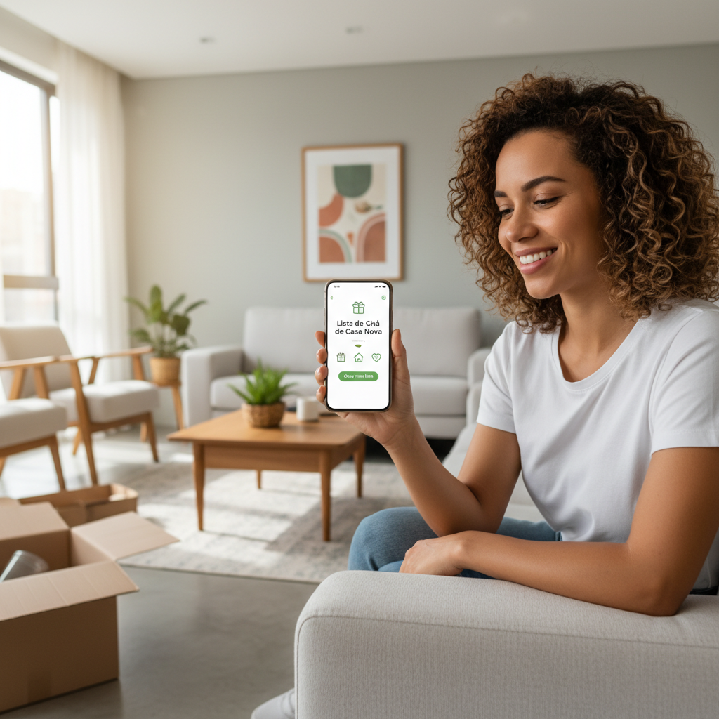 Mulher sorrindo criando lista de chá de casa nova no celular